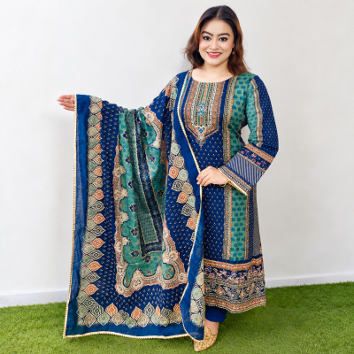 Unstitched Premium Traditional Print Cotton Three-Piece Suit - Navy Blue & Teal